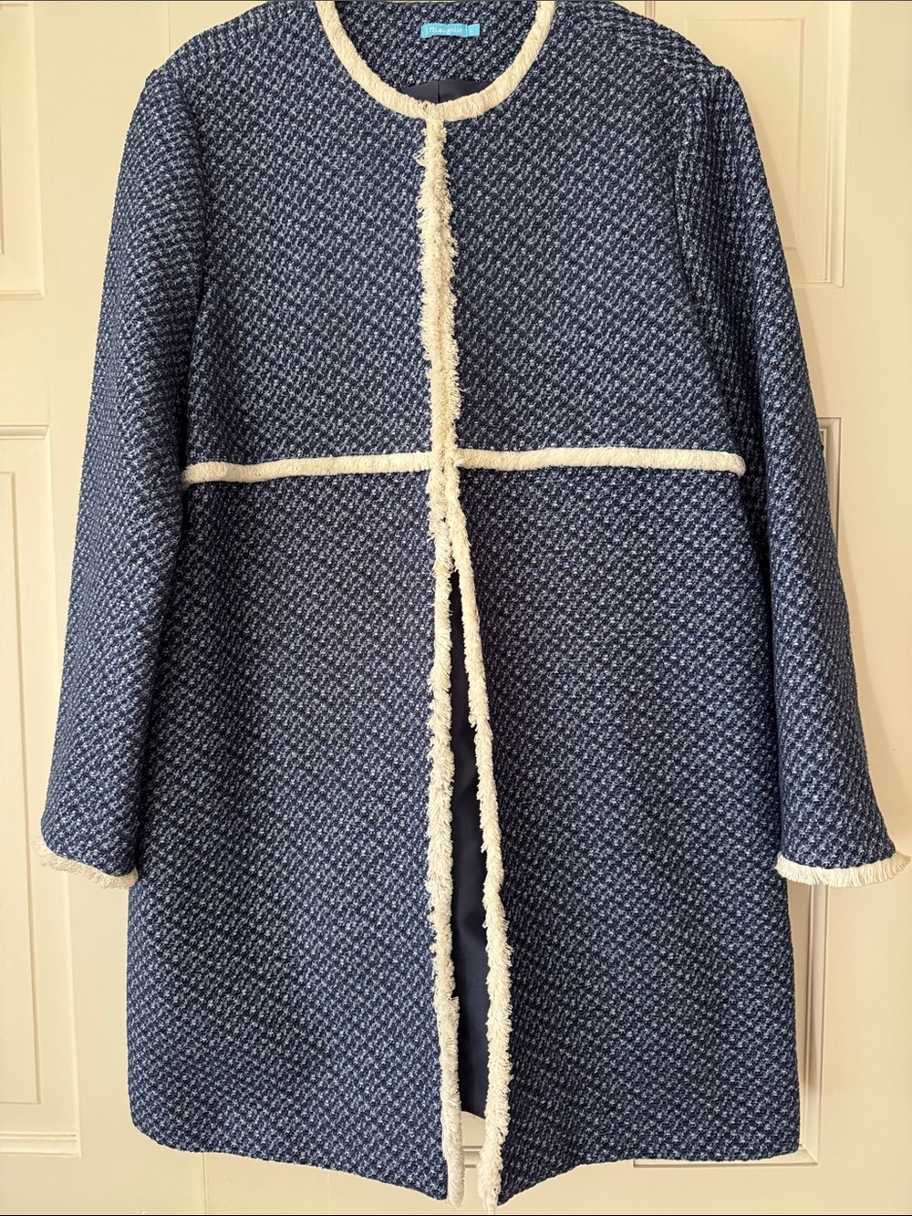 J. Mc Laughlin Blue Bouclé Textured Coat with Cream Fringe Trim